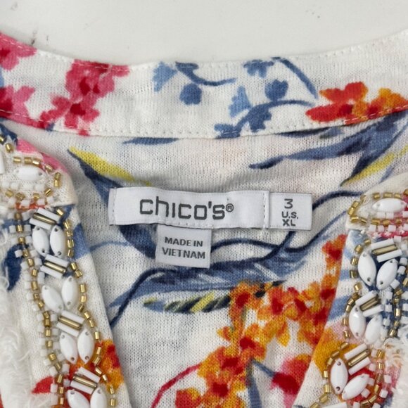 Chicos SZ 3 US XL Womens Nautical Floral Linen Tunic Top With Embellished Collar - Picture 6 of 16